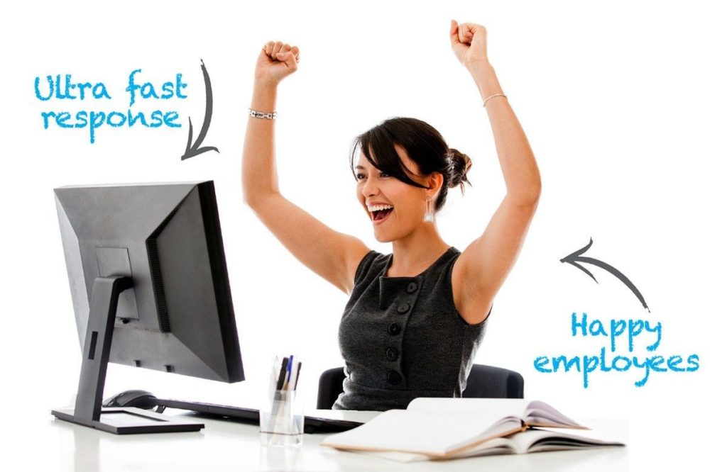 woman celebrating success at work, showcasing joy and professionalism in a dynamic office environment.