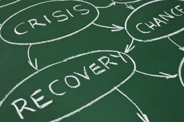 crisis leads to recovery and change, highlighting growth opportunities through adversity in a chalkboard mind map.