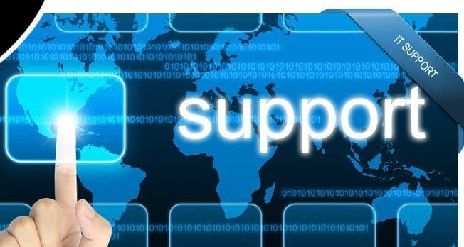 Global IT support showcased through an interactive world map and glowing support interface.