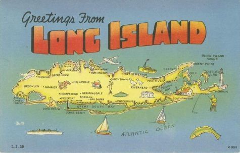 Colorful vintage postcard illustration showcasing Long Islands towns and coastal attractions.