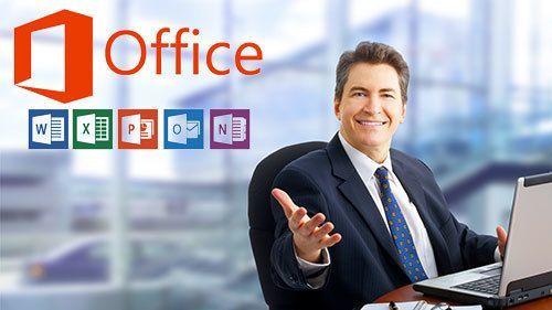 confident professional promotes microsoft office tools for enhanced productivity in a modern office setting.