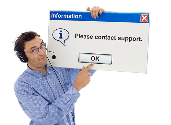 smiling tech support representative encourages contacting support with informational pop-up sign.