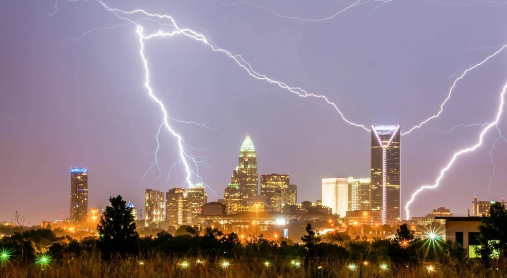 stormy city skyline lightning