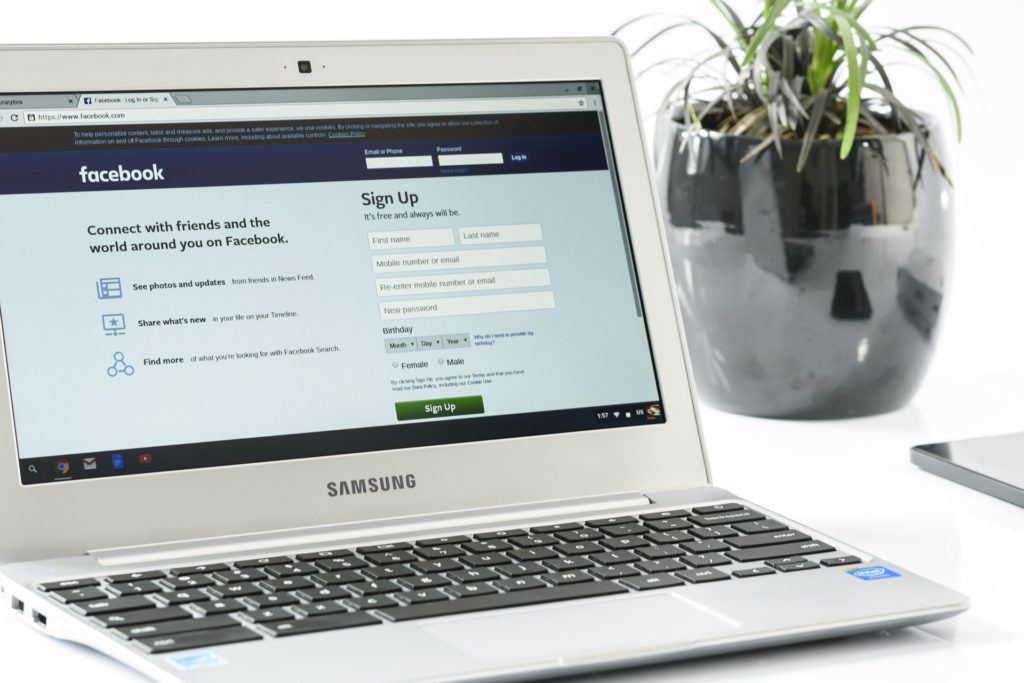 sleek samsung laptop with facebook login, complemented by an indoor plant in a modern workspace.