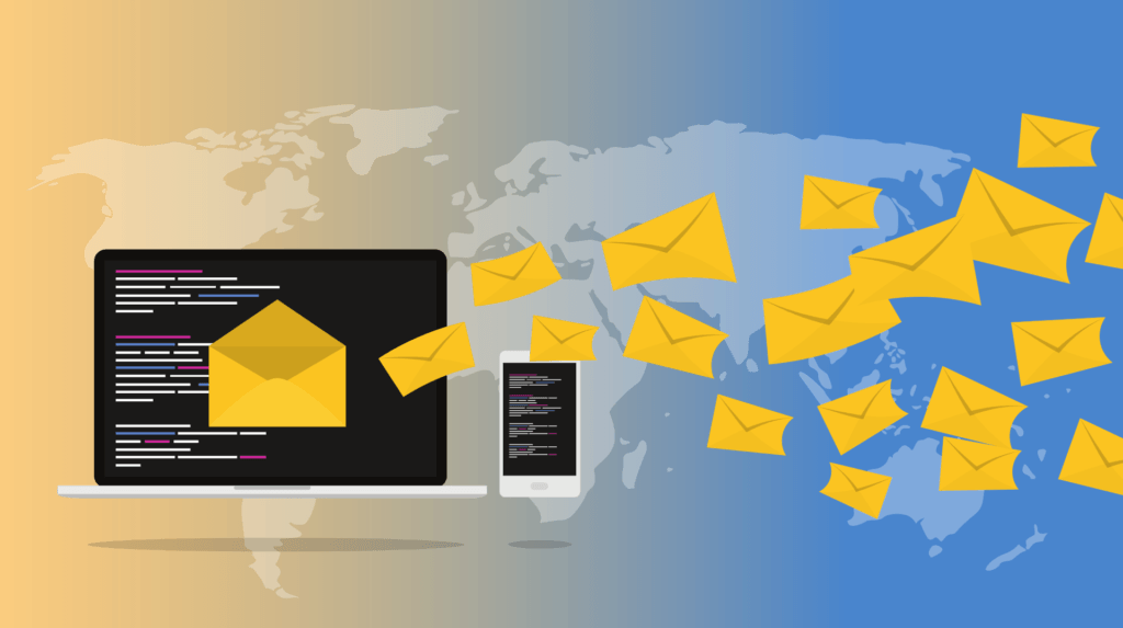 vibrant illustration of email communication, showcasing laptops and smartphones with flying envelope icons.