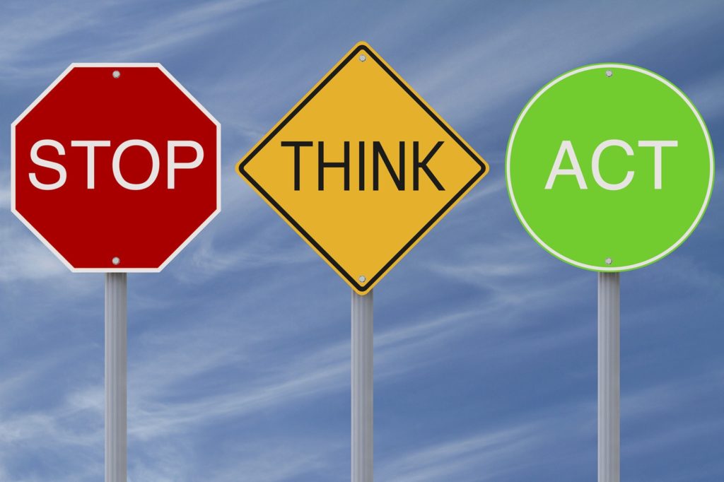 three stop signs with the words think, act, and think written on them