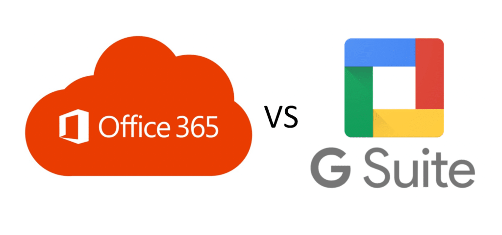 comparison of office 365 and g suite logos highlighting cloud functionalities and productivity tools.