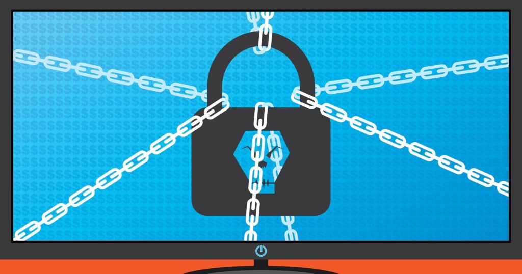 stylized digital display featuring a padlock and chains symbolizing data security and protection.