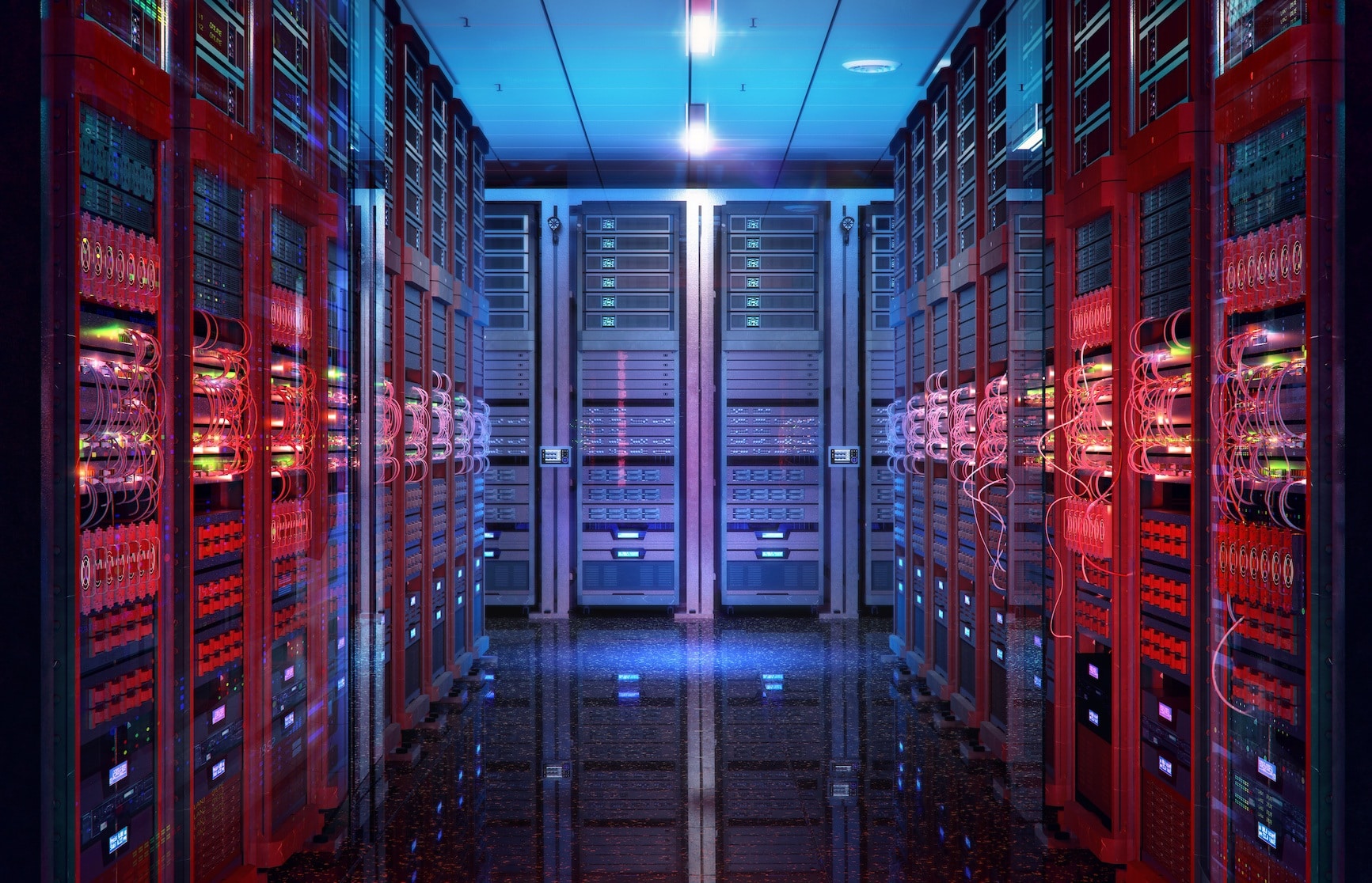 a large room filled with lots of red and blue servers