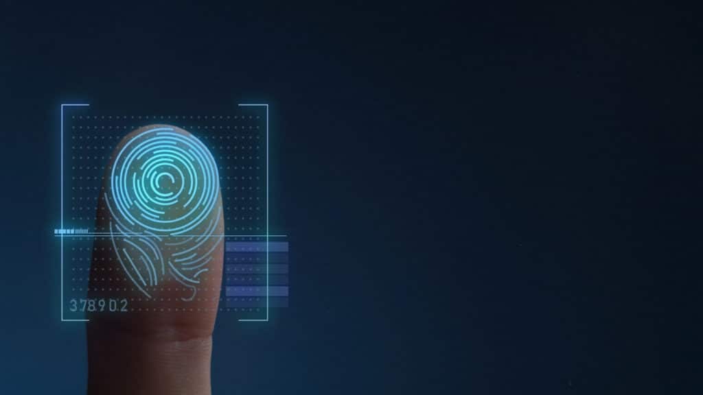 close-up of a fingerprint symbolizing advanced biometric security technology on a blue background.