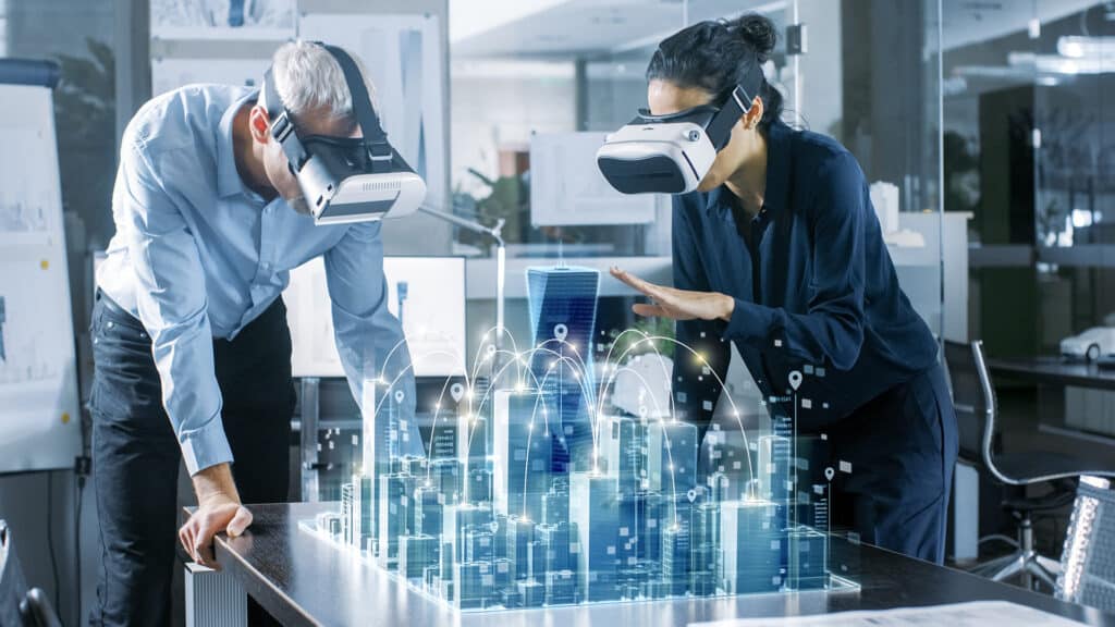 collaborative virtual reality session in a modern office with immersive 3d architectural designs.